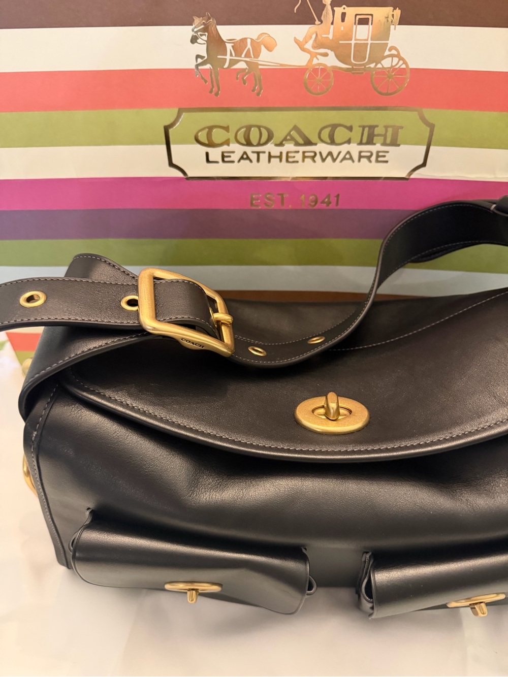 NWT Coach Haversack CDZ12 Black Leather Brass Shoulder Bag, Bleecker Archive - Picture 2 of 10